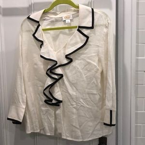 Talbots ruffled white linen blouse mid sleeves